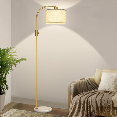 Upgraded Modern Arc Dimmable Tall Standing Floor Lamp with Marble Base & Linen Shade, 1200 Lumens LED Bulb Included, for Living & Reading Room, Bedroom, Office & Nursery, Gold