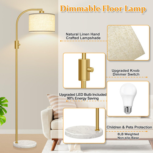 Upgraded Modern Arc Dimmable Tall Standing Floor Lamp with Marble Base & Linen Shade, 1200 Lumens LED Bulb Included, for Living & Reading Room, Bedroom, Office & Nursery, Gold