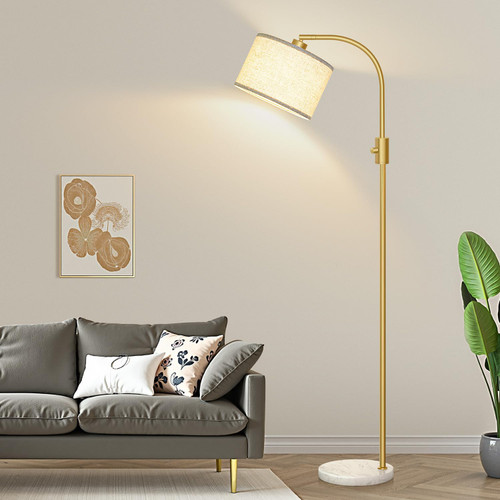 Upgraded Modern Arc Dimmable Tall Standing Floor Lamp with Marble Base & Linen Shade, 1200 Lumens LED Bulb Included, for Living & Reading Room, Bedroom, Office & Nursery, Gold