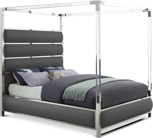 Encore Collection Modern | Contemporary Faux Leather Upholstered, Acrylic and Chrome Canopy Bed, King, Grey