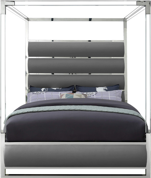 Encore Collection Modern | Contemporary Faux Leather Upholstered, Acrylic and Chrome Canopy Bed, King, Grey