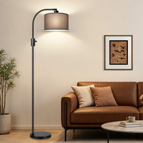Dimmable Black Floor Lamp, 1200 Lumens LED Edison Bulb Included, Arc Gold Floor Lamps for Living Room Modern Standing Lamp with Khaki Shade