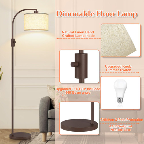 Upgraded Modern Arc Dimmable Tall Standing Floor Lamp with Linen Shade, 1200 Lumens LED Bulb Included, for Living & Reading Room, Bedroom, Office & Nursery, Matte Brown