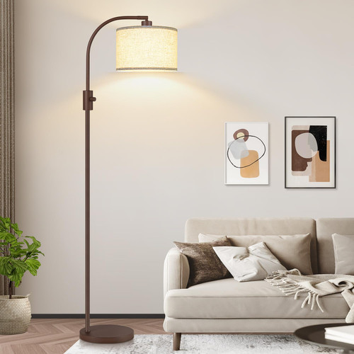 Upgraded Modern Arc Dimmable Tall Standing Floor Lamp with Linen Shade, 1200 Lumens LED Bulb Included, for Living & Reading Room, Bedroom, Office & Nursery, Matte Brown