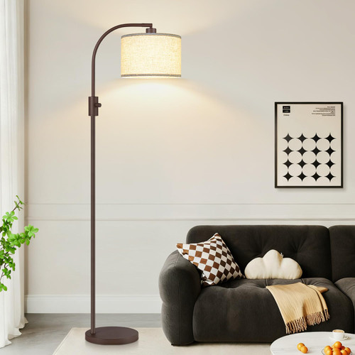 Upgraded Modern Arc Dimmable Tall Standing Floor Lamp with Linen Shade, 1200 Lumens LED Bulb Included, for Living & Reading Room, Bedroom, Office & Nursery, Matte Brown