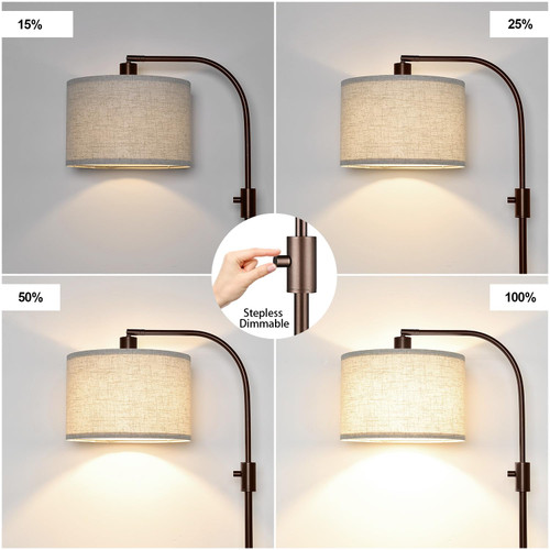 Upgraded Modern Arc Dimmable Tall Standing Floor Lamp with Linen Shade, 1200 Lumens LED Bulb Included, for Living & Reading Room, Bedroom, Office & Nursery, Brown