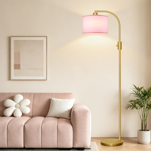 Dimmable Floor Lamp, 1200 Lumens LED Edison Bulb Included, Arc Gold Floor Lamps for Living Room Modern Standing Lamp with Pink Linen Shade