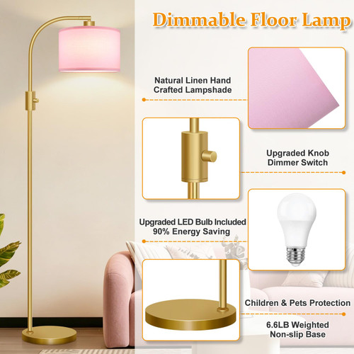 Dimmable Floor Lamp, 1200 Lumens LED Edison Bulb Included, Arc Gold Floor Lamps for Living Room Modern Standing Lamp with Pink Linen Shade