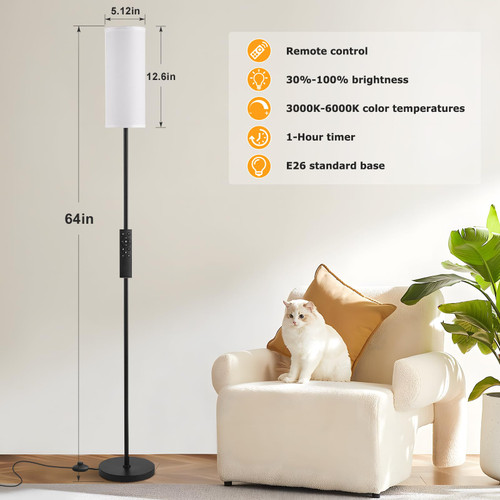 64" Modern Floor Lamp with Remote Control, 9W Bulb Included