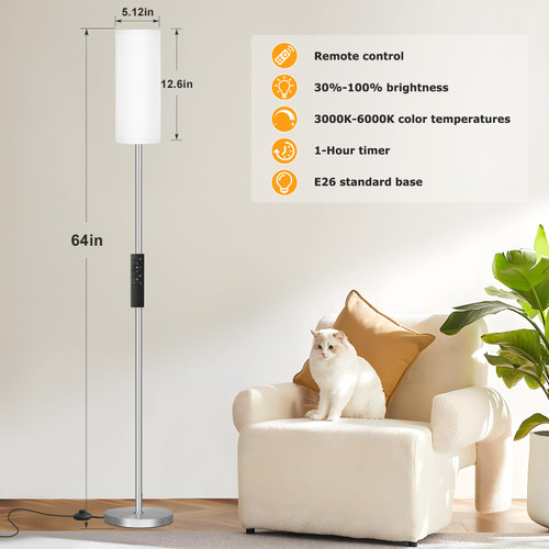 64'' Floor Lamps for Living Room with Remote Control and Stepless Dimmable Colors Temperature & Brightness, 9W Bulb Included(White Lampshade & Silver Pole)