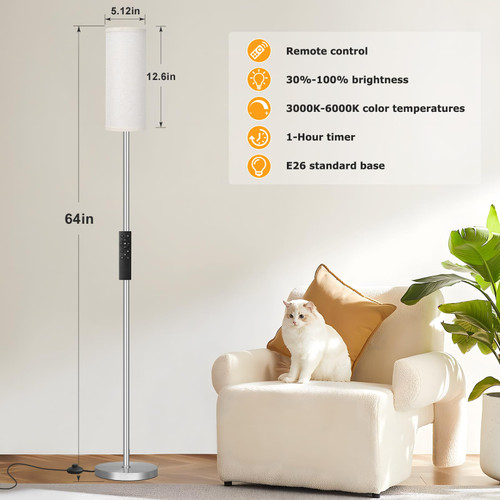 64'' Floor Lamps for Living Room with Remote Control and Stepless Dimmable Colors Temperature & Brightness, 9W Bulb Included(Beige Lampshade & Silver Pole)