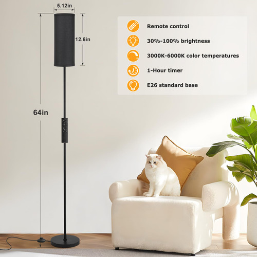 64'' Floor Lamps for Living Room with Remote Control and Stepless Dimmable Colors Temperature & Brightness, 9W Bulb Included(Black Lampshade & Black Pole)
