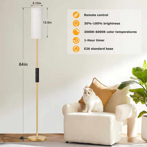 64'' Floor Lamps for Living Room with Remote Control and Stepless Dimmable Colors Temperature & Brightness, 9W Bulb Included(Beige Lampshade & Gold Pole)