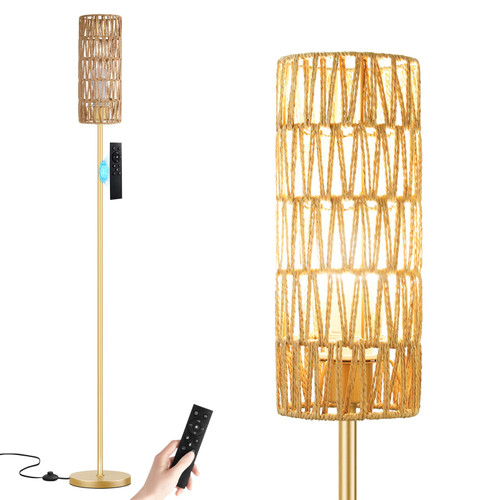 64'' Floor Lamps for Living Room with Remote Control and Stepless Dimmable Colors Temperature & Brightness, Boho Gold Standing Lamp with Beige Rattan Shade