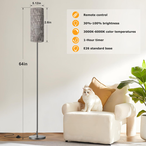 64'' Floor Lamps for Living Room with Remote Control and Stepless Dimmable Colors Temperature & Brightness, Boho Grey Standing Lamp with Grey Rattan Shade