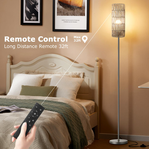 64'' Floor Lamps for Living Room with Remote Control and Stepless Dimmable Colors Temperature & Brightness, Boho Grey Standing Lamp with Grey Rattan Shade