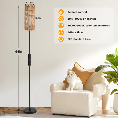 64'' Floor Lamps for Living Room with Remote Control and Stepless Dimmable Colors Temperature & Brightness, Boho Black Standing Lamp with Beige Rattan Shade
