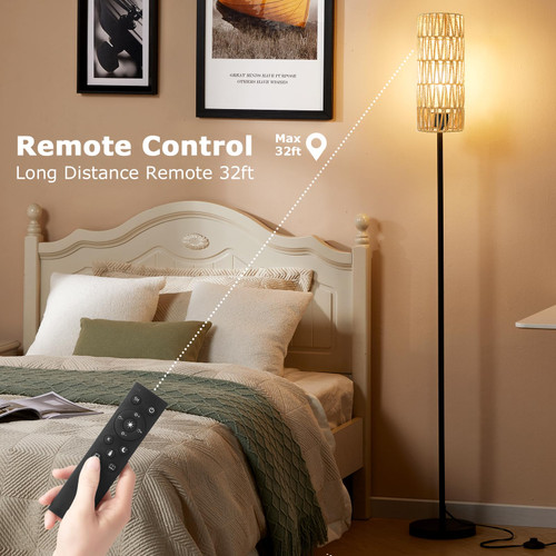 64'' Floor Lamps for Living Room with Remote Control and Stepless Dimmable Colors Temperature & Brightness, Boho Black Standing Lamp with Beige Rattan Shade