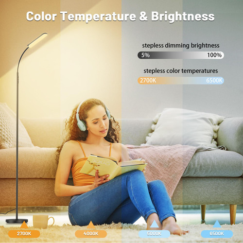 Dimmable LED Floor Lamp, Super Bright Reading Lamps Floor Standing lamp with Remote & Touch Control, Stepless Dimming & 2700K-6500K Color Temperature, for Living Room Bedroom Office, Black