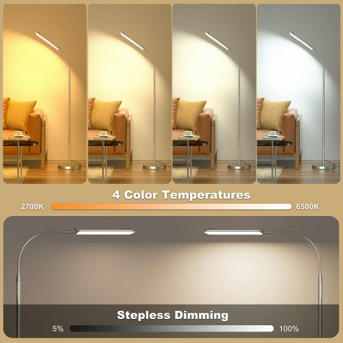 Dimmable LED Floor Lamp, Super Bright Reading Lamps Floor Standing lamp with Remote & Touch Control, Stepless Dimming & 2700K-6500K Color Temperature, for Living Room Bedroom Office, Silver