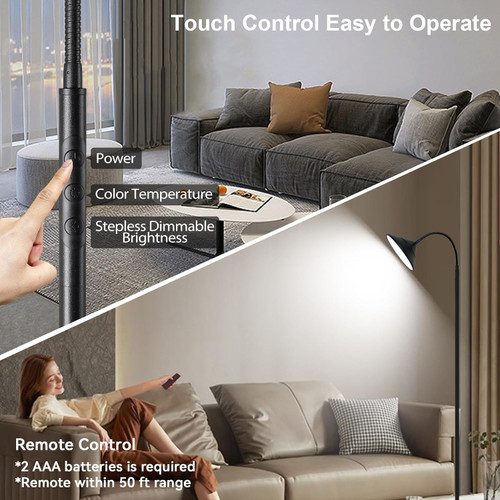 Dimmable LED Floor Lamp, Super Bright Reading Lamps Floor Standing lamp with Remote & Touch Control, Stepless Dimming & 2700K-6500K Color Temperature, for Living Room Bedroom Office, Matte Black