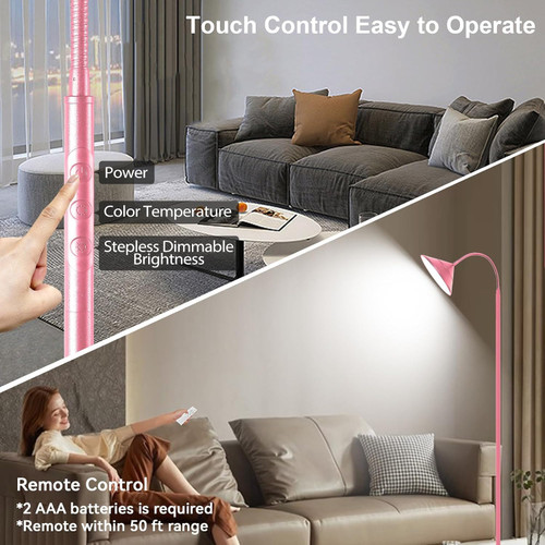 Dimmable LED Floor Lamp, Super Bright Reading Lamps Floor Standing lamp with Remote & Touch Control, Stepless Dimming & 2700K-6500K Color Temperature, for Living Room Bedroom Office, Pink