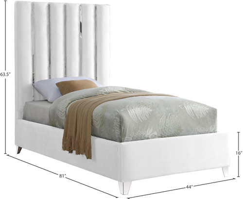 EnzoWhite-T Enzo Collection Modern | Contemporary White Velvet Upholstered Bed with Deep Channel Tufting, Chrome Accent Design, 44" W x 81" D x 63.5" H, White, Twin
