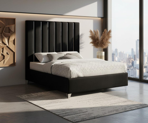 EnzoBlack-F Enzo Collection Modern | Contemporary Black Velvet Upholstered Bed with Deep Channel Tufting, Chrome Accent Design, 59" W x 81" D x 63.5" H, Black, Full