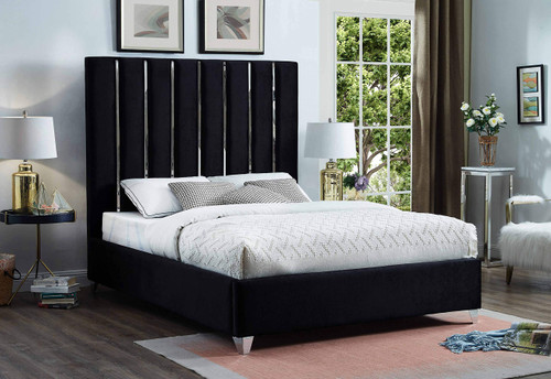 EnzoBlack-F Enzo Collection Modern | Contemporary Black Velvet Upholstered Bed with Deep Channel Tufting, Chrome Accent Design, 59" W x 81" D x 63.5" H, Black, Full