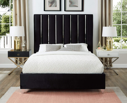 EnzoBlack-F Enzo Collection Modern | Contemporary Black Velvet Upholstered Bed with Deep Channel Tufting, Chrome Accent Design, 59" W x 81" D x 63.5" H, Black, Full
