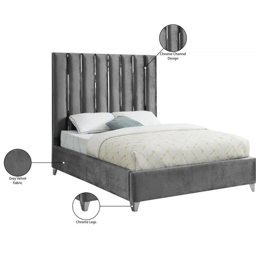 Enzo Collection Modern | Contemporary Velvet Upholstered Bed with Deep Channel Tufting and Chrome Accent Design, Grey, Full