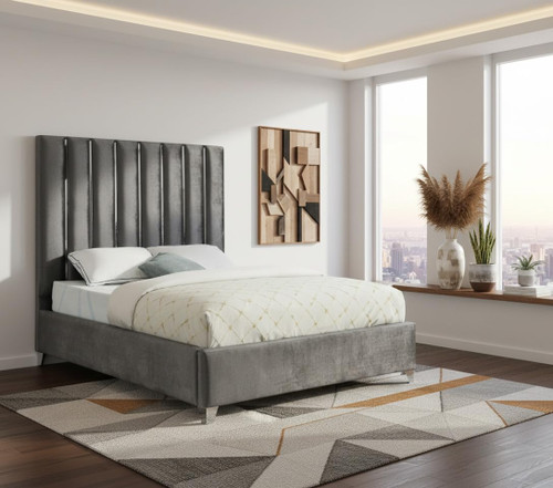 Enzo Collection Modern | Contemporary Velvet Upholstered Bed with Deep Channel Tufting and Chrome Accent Design, Grey, Full