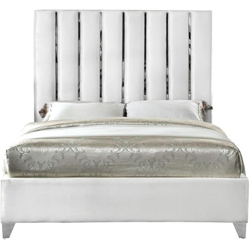 EnzoWhite-F Enzo Collection Modern | Contemporary White Velvet Upholstered Bed with Deep Channel Tufting, Chrome Accent Design, 59" W x 81" D x 63.5" H, White, Full