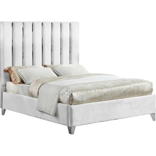 EnzoWhite-F Enzo Collection Modern | Contemporary White Velvet Upholstered Bed with Deep Channel Tufting, Chrome Accent Design, 59" W x 81" D x 63.5" H, White, Full