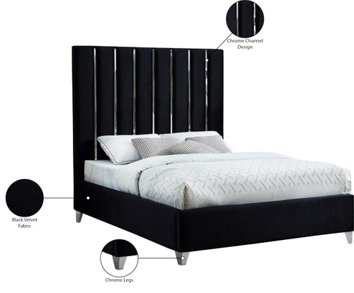 EnzoBlack-Q Enzo Collection Modern | Contemporary Velvet Upholstered Bed with Deep Channel Tufting, Chrome Accent Design, 65" W x 86" D x 63.5" H, Black, Queen