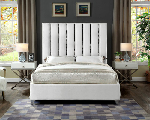 Enzo Collection Modern | Contemporary Velvet Upholstered Bed with Deep Channel Tufting and Chrome Accent Design, White, Queen