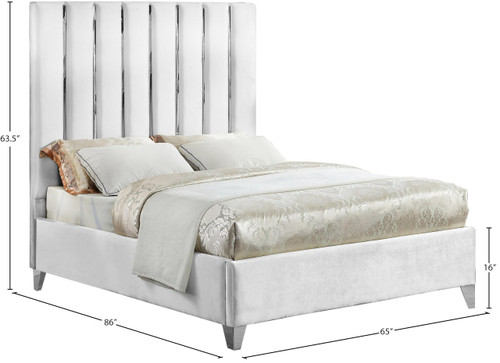 Enzo Collection Modern | Contemporary Velvet Upholstered Bed with Deep Channel Tufting and Chrome Accent Design, White, Queen
