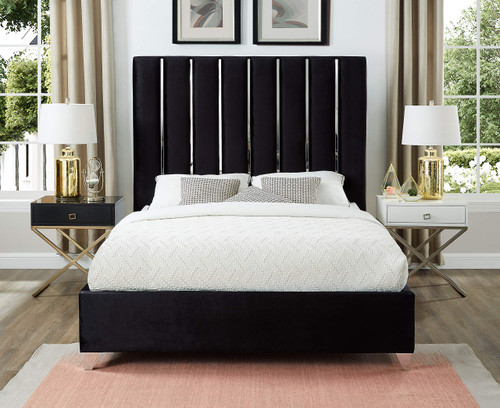 Enzo Collection Modern | Contemporary Velvet Upholstered Bed with Deep Channel Tufting and Chrome Accent Design, Black, King