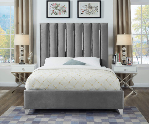 EnzoGrey-K Enzo Collection Modern | Contemporary Velvet Upholstered Bed with Deep Channel Tufting, Chrome Accent Design, 80.5" W x 86" D x 63.5" H, Grey, King