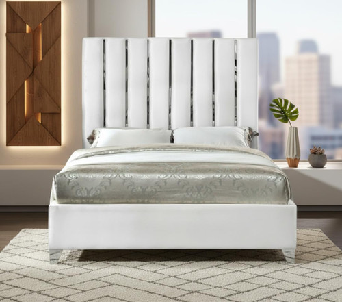 Enzo Collection Modern | Contemporary Velvet Upholstered Bed with Deep Channel Tufting and Chrome Accent Design, White, King