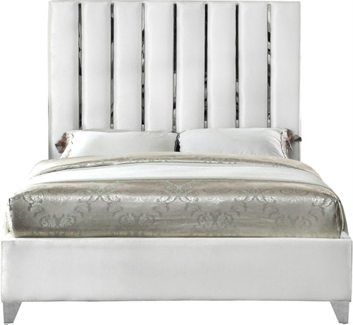 Enzo Collection Modern | Contemporary Velvet Upholstered Bed with Deep Channel Tufting and Chrome Accent Design, White, King