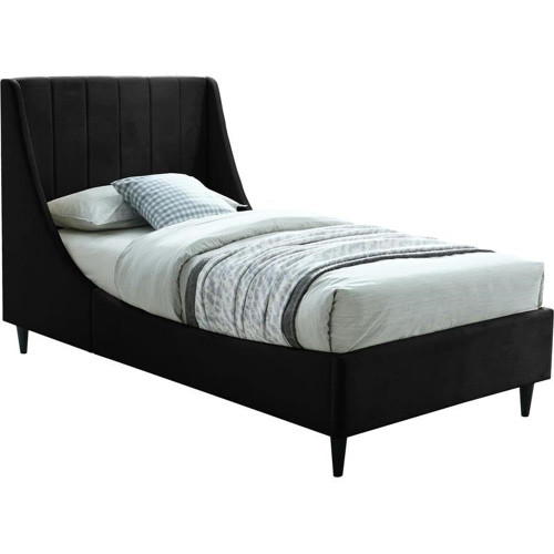 EvaBlack-T Eva Collection Modern | Contemporary Velvet Upholstered Twin Bed, Black Wood Legs, Deep Channel Tufting, Wing Back Headboard, 43" W x 81.5" D x 48" H, Black, Twin