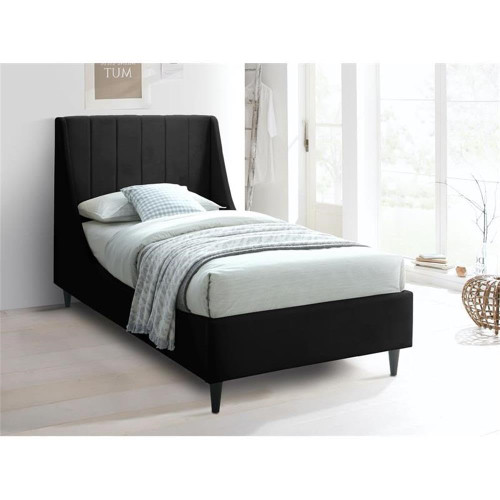 EvaBlack-T Eva Collection Modern | Contemporary Velvet Upholstered Twin Bed, Black Wood Legs, Deep Channel Tufting, Wing Back Headboard, 43" W x 81.5" D x 48" H, Black, Twin