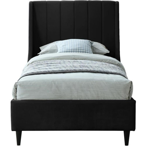 EvaBlack-T Eva Collection Modern | Contemporary Velvet Upholstered Twin Bed, Black Wood Legs, Deep Channel Tufting, Wing Back Headboard, 43" W x 81.5" D x 48" H, Black, Twin