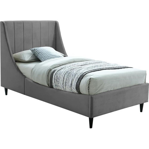 EvaGrey-T Eva Collection Modern | Contemporary Velvet Upholstered Twin Bed, Black Wood Legs, Deep Channel Tufting, Wing Back Headboard, 43" W x 81.5" D x 48" H, Grey, Twin