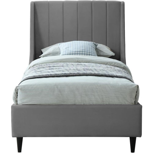 EvaGrey-T Eva Collection Modern | Contemporary Velvet Upholstered Twin Bed, Black Wood Legs, Deep Channel Tufting, Wing Back Headboard, 43" W x 81.5" D x 48" H, Grey, Twin