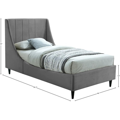 EvaGrey-T Eva Collection Modern | Contemporary Velvet Upholstered Twin Bed, Black Wood Legs, Deep Channel Tufting, Wing Back Headboard, 43" W x 81.5" D x 48" H, Grey, Twin