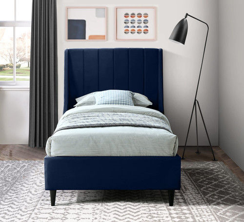 EvaNavy-T Eva Collection Modern | Contemporary Velvet Upholstered Twin Bed, Black Wood Legs, Deep Channel Tufting, Wing Back Headboard, 43" W x 81.5" D x 48" H, Navy, Twin