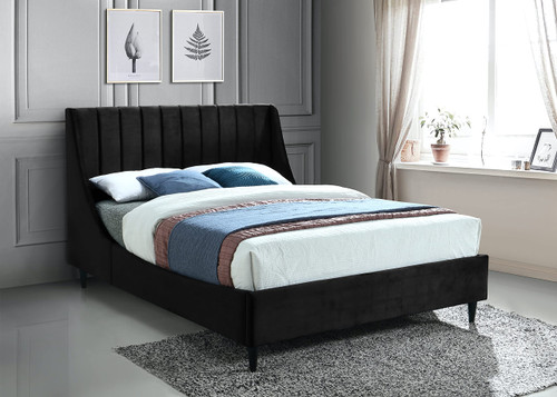 EvaBlack-F Eva Collection Modern | Contemporary Velvet Upholstered Full Bed, Black Wood Legs, Deep Channel Tufting, Wing Back Headboard, 58.5" W x 81.5" D x 48" H, Black, Full