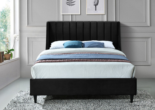 EvaBlack-F Eva Collection Modern | Contemporary Velvet Upholstered Full Bed, Black Wood Legs, Deep Channel Tufting, Wing Back Headboard, 58.5" W x 81.5" D x 48" H, Black, Full